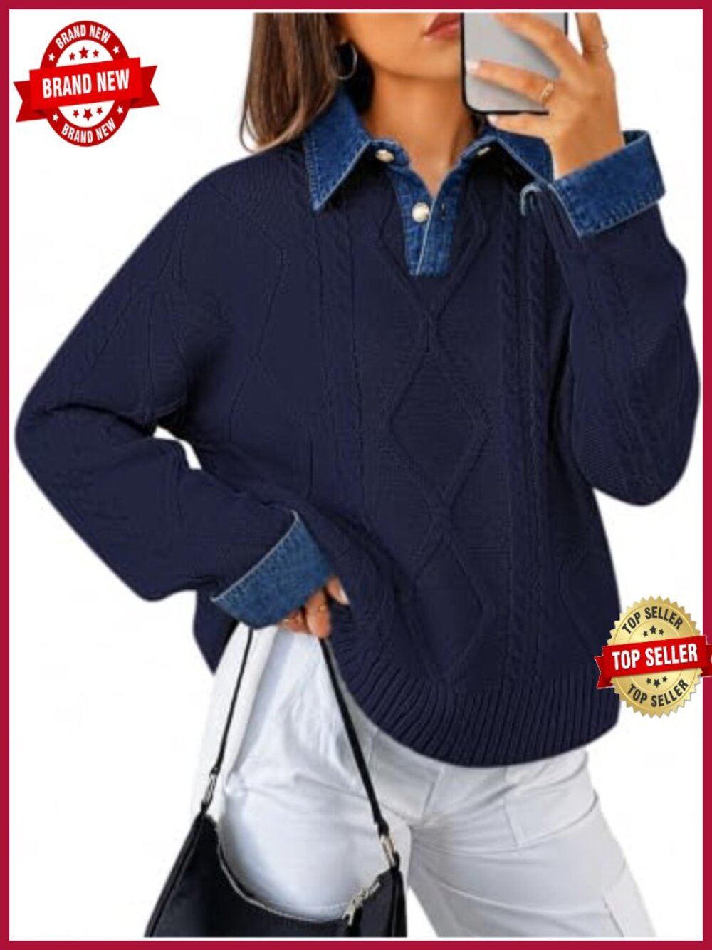 Womens Cable Knit Sweater Denim Polo Button Down Collar Pullover Oversized
